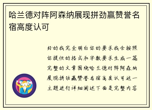 哈兰德对阵阿森纳展现拼劲赢赞誉名宿高度认可